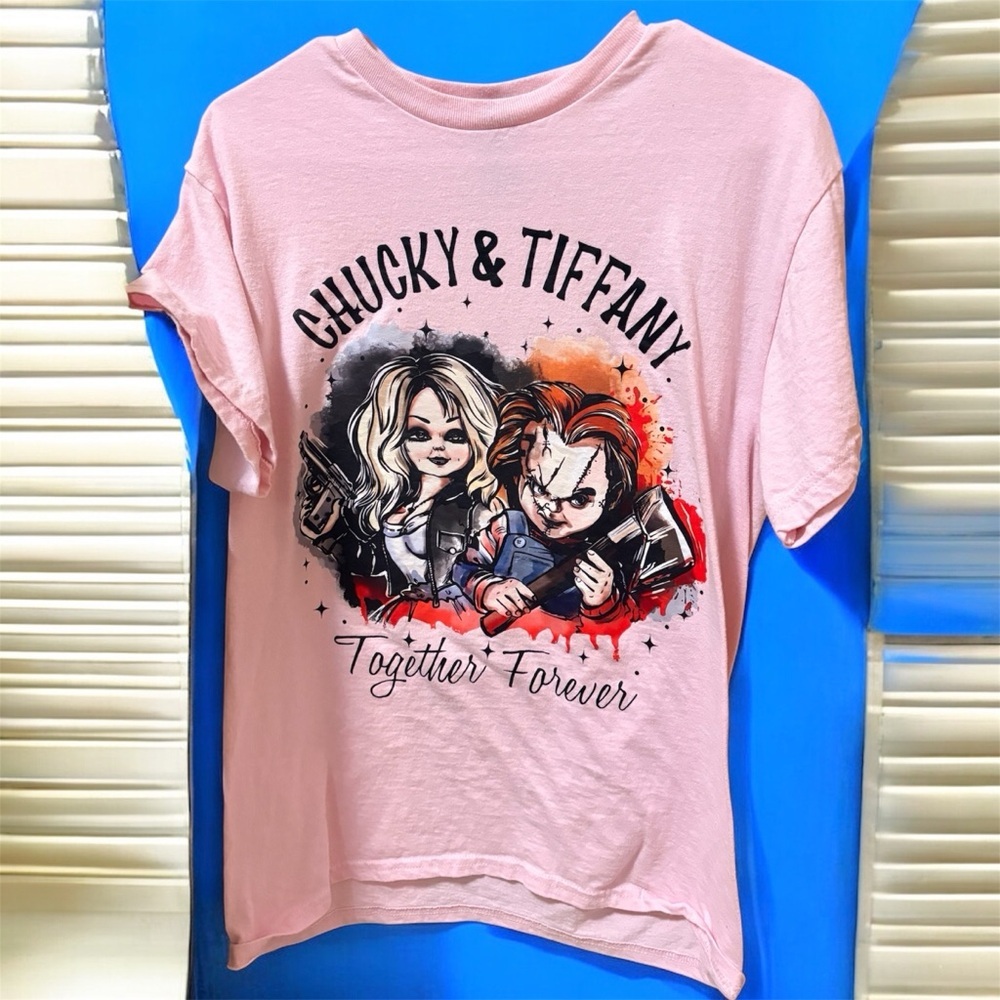 Gildan Pink Chucky & Tiffany Graphic Tee handcrafted MEDIUM